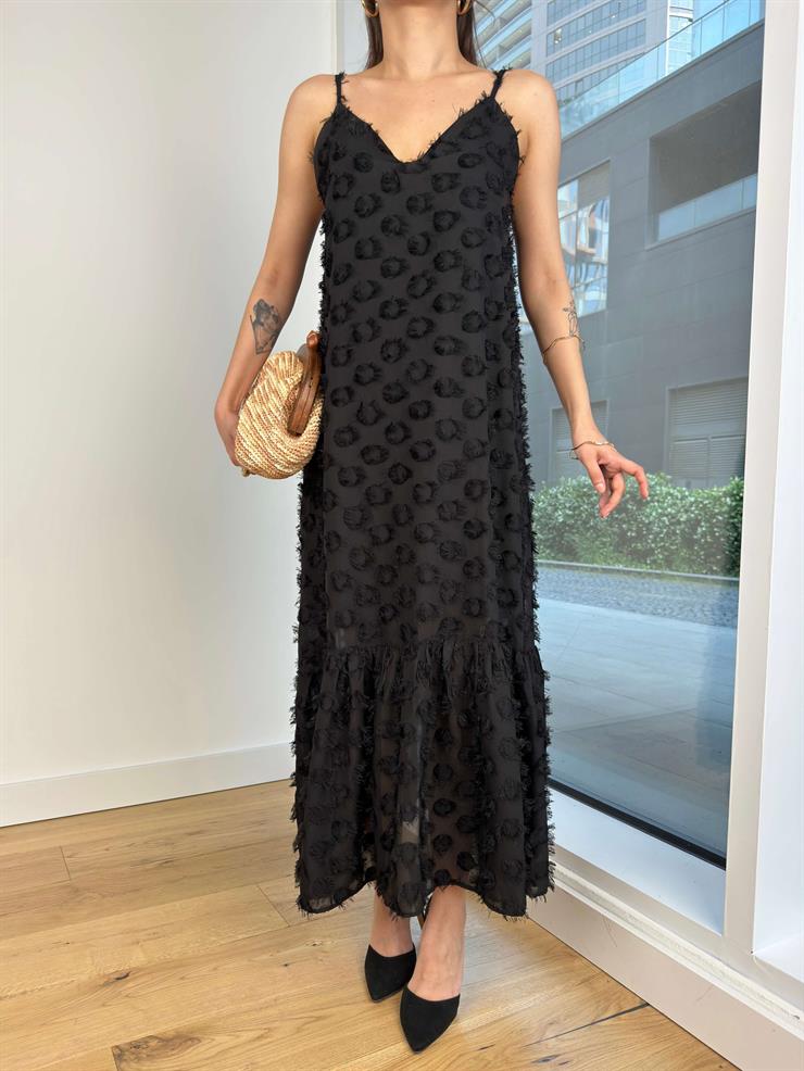 Askılı V Yaka Ritza Kadın Siyah Elbise 24Y581