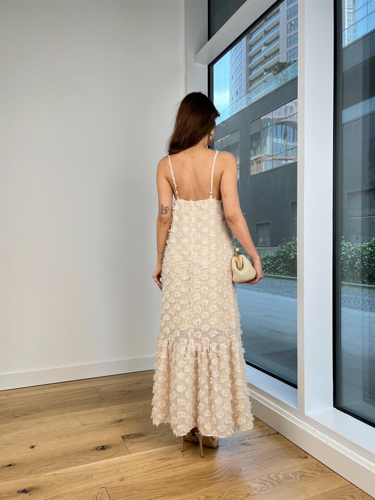 Askılı V Yaka Ritza Kadın Bej Elbise 24Y581