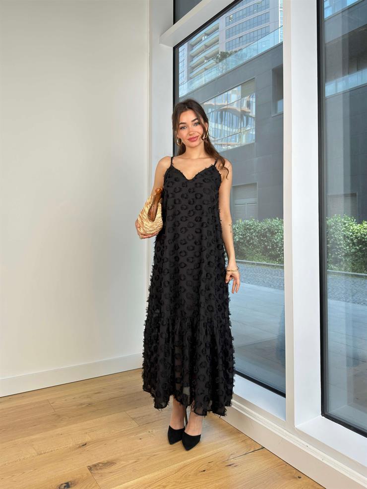 Askılı V Yaka Ritza Kadın Siyah Elbise 24Y581