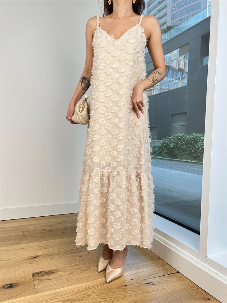 Askılı V Yaka Ritza Kadın Bej Elbise 24Y581