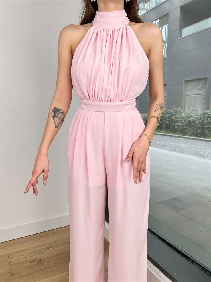 Boğazlı Kolsuz Drape Detaylı Bol Paça Rivaldo Kadın Pudra Tulum 24Y119