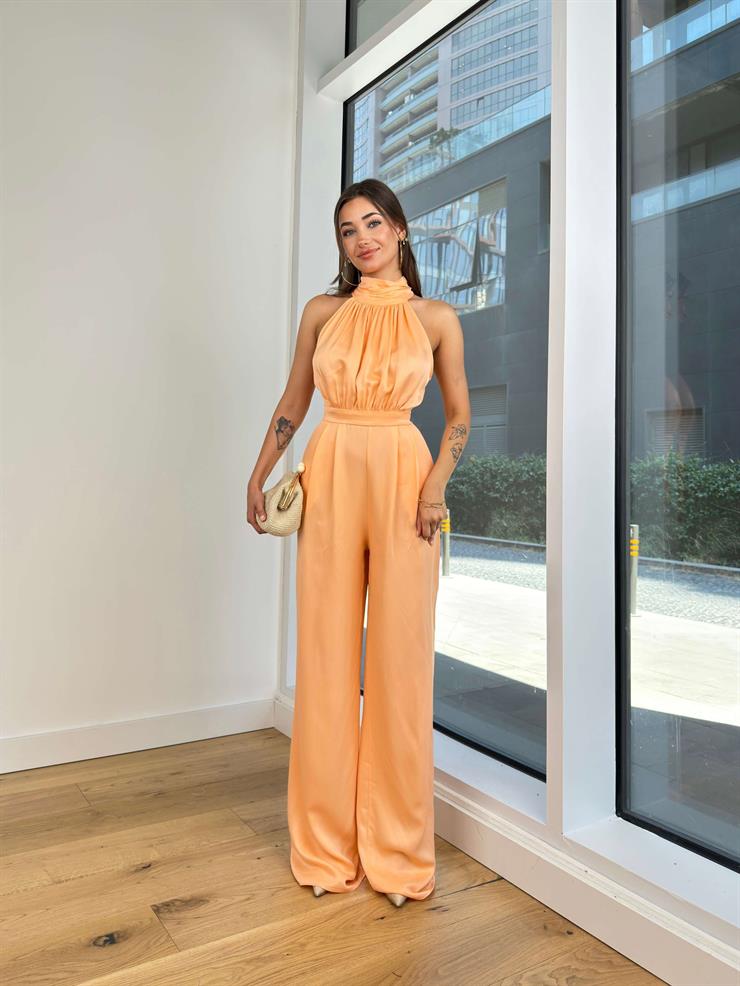 Boğazlı Kolsuz Drape Detaylı Bol Paça Rivaldo Kadın Somon Tulum 24Y119