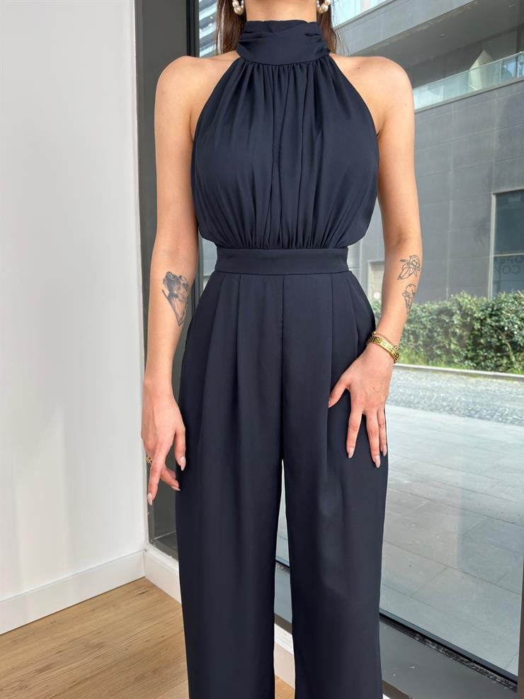 Boğazlı Kolsuz Drape Detaylı Bol Paça Rivaldo Kadın Lacivert Tulum 24Y119