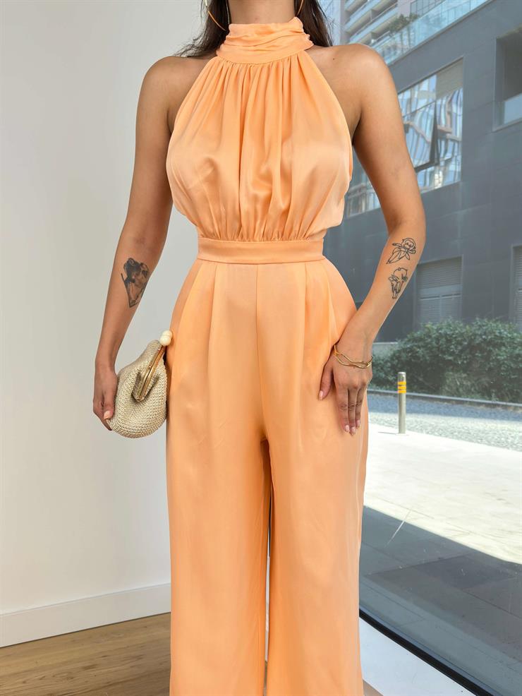 Boğazlı Kolsuz Drape Detaylı Bol Paça Rivaldo Kadın Somon Tulum 24Y119