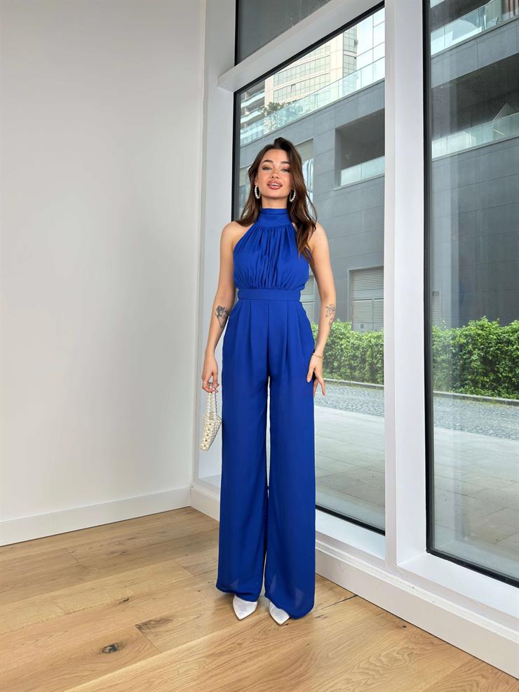 Boğazlı Kolsuz Drape Detaylı Bol Paça Rivaldo Kadın Saks Tulum 24Y119