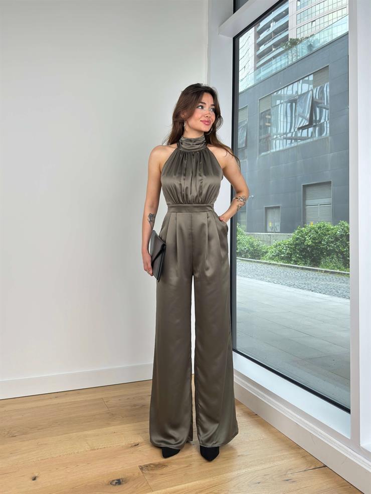 Boğazlı Kolsuz Drape Detaylı Bol Paça Rivaldo Kadın Haki Tulum 24Y119