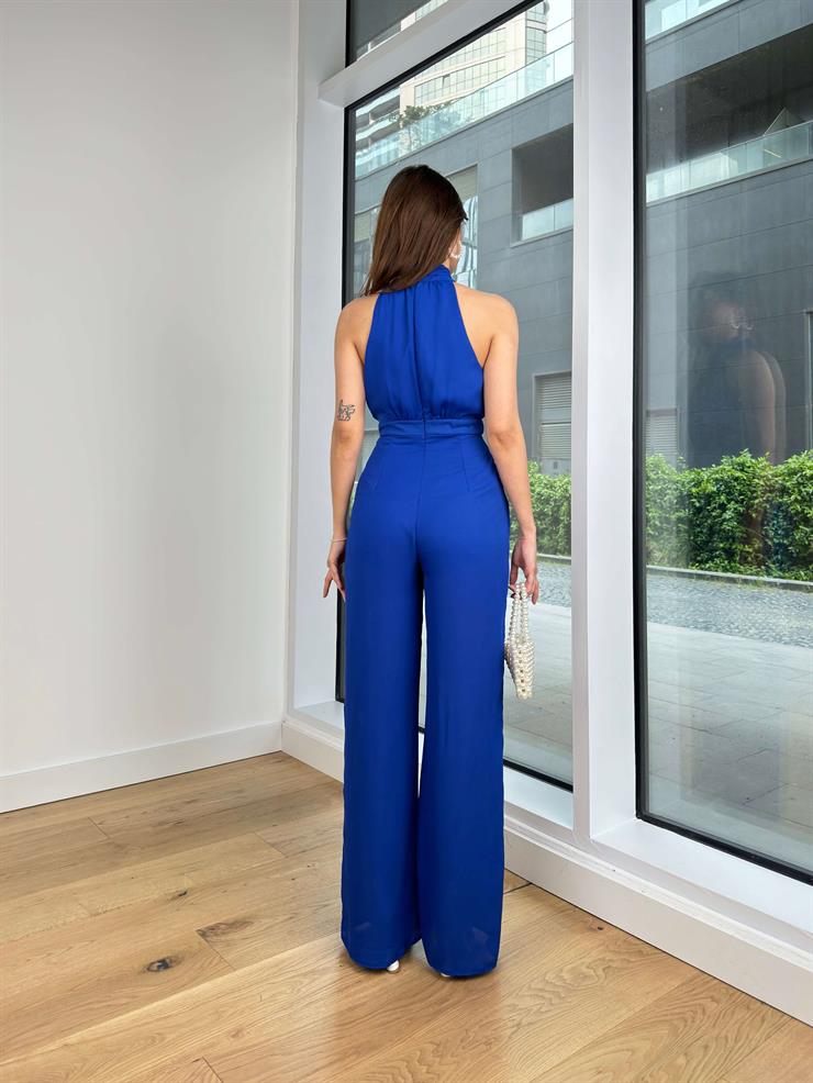 Boğazlı Kolsuz Drape Detaylı Bol Paça Rivaldo Kadın Saks Tulum 24Y119