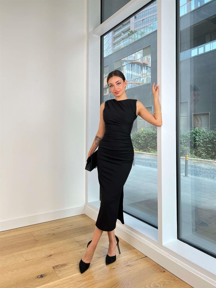 Kolsuz Omuz Aksesuarlı Drapeli Streç Roan Kadın Siyah Midi Elbise 25K062