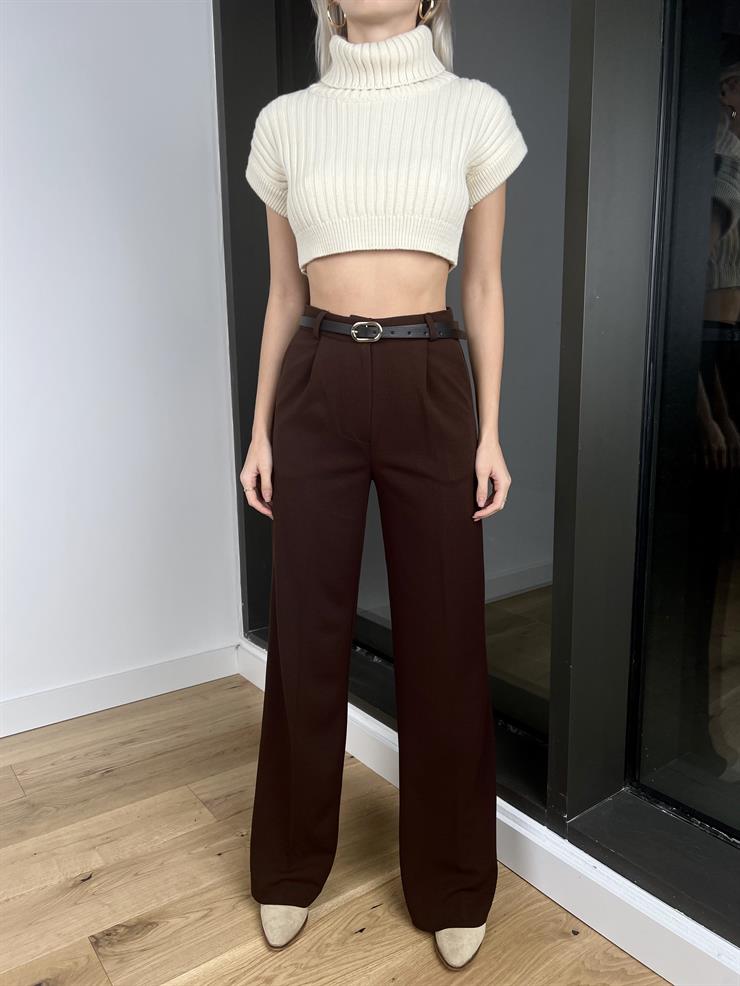 Yüksek Bel Beli Pens Detaylı Robert Kadın Kahve Palazzo Pantolon 24k288