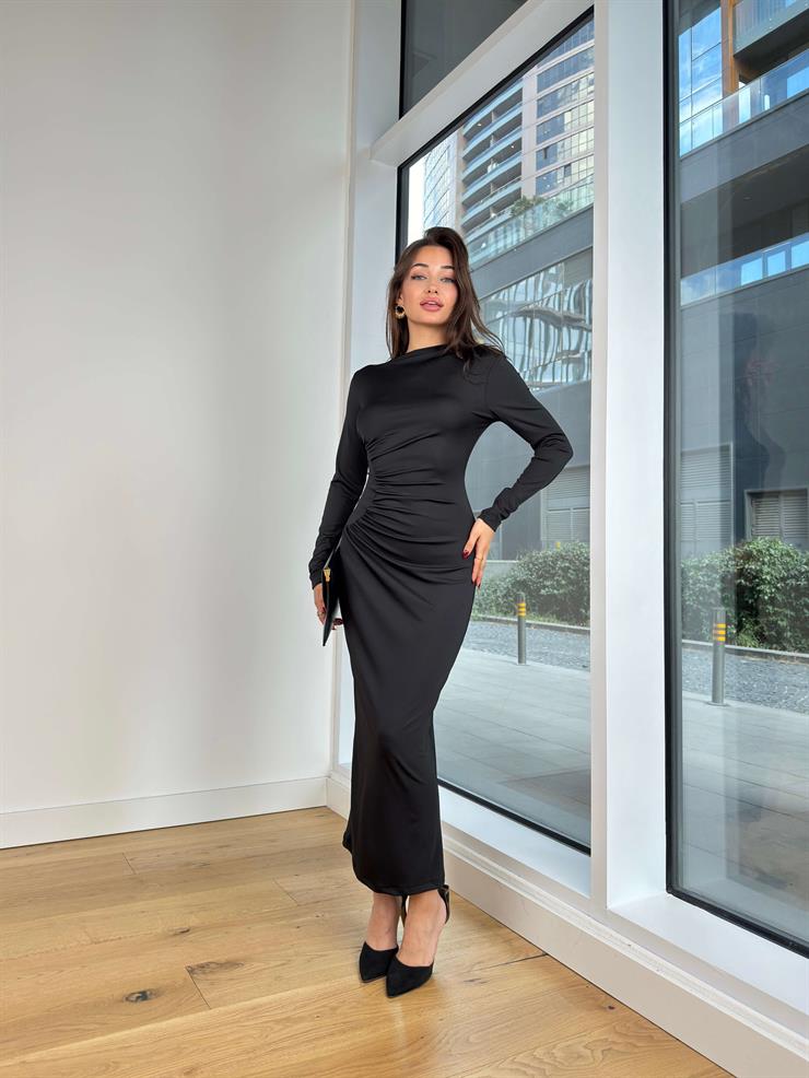 Uzun Kol Drapeli Streç Robson Siyah Kadın Elbise 25K257