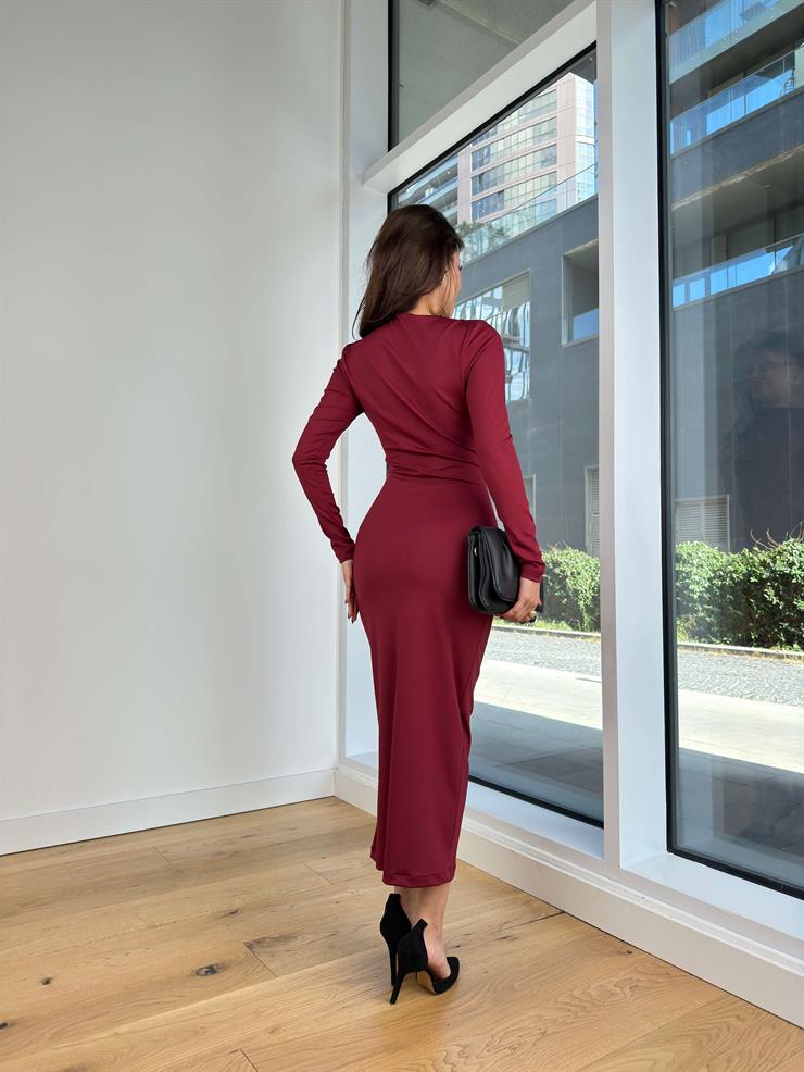 Uzun Kol Drapeli Streç Robson Bordo Kadın Elbise 25K257