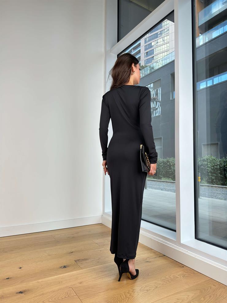 Uzun Kol Drapeli Streç Robson Siyah Kadın Elbise 25K257