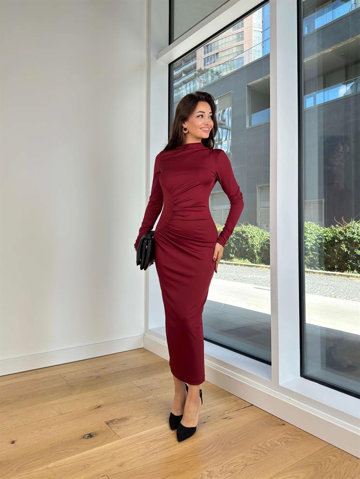 Uzun Kol Drapeli Streç Robson Bordo Kadın Elbise 25K257