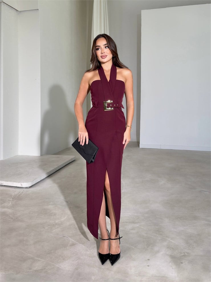 Kruvaze Yaka Kemerli Midi Boy Bordo Robyn Kadın Elbise 26Y568