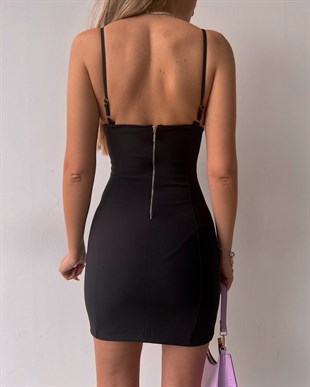 İnce Askılı Likralı Robyn Kadın Siyah Mini Elbise 22K000488