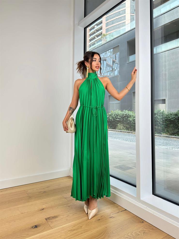 Boğazlı Sırt Dekolteli Piliseli Geniş Rocha Kadın Yeşil Elbise 24Y780
