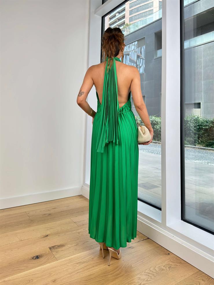 Boğazlı Sırt Dekolteli Piliseli Geniş Rocha Kadın Yeşil Elbise 24Y780