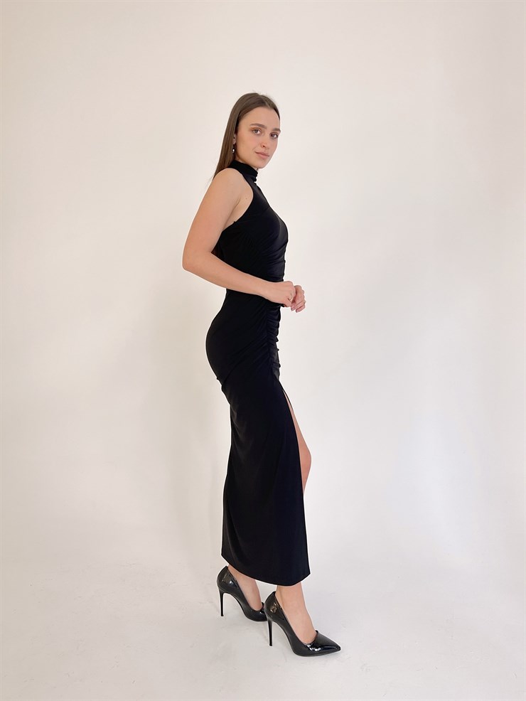 Tek Kollu Derin Yırtmaçlı Rodney Kadın Siyah Midi Elbise 23K000415