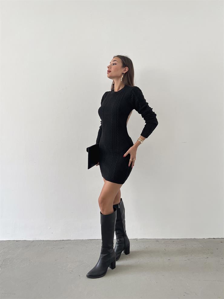 Uzun Kollu Sırt Dekolteli Rodya Kadın Siyah Mini Triko Elbise 23K000466