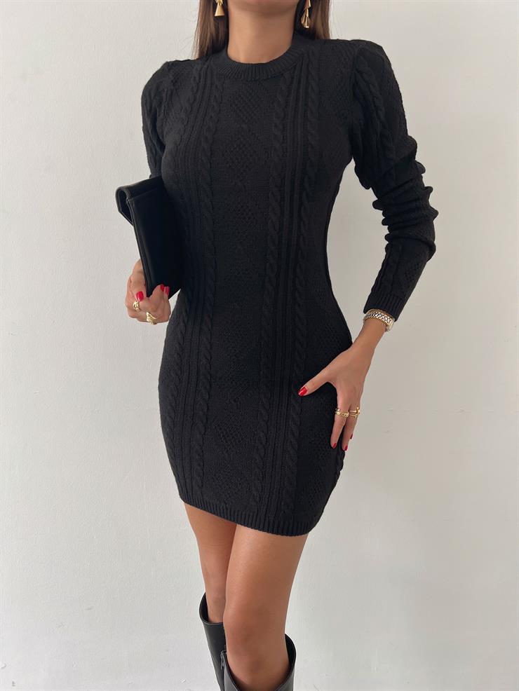 Uzun Kollu Sırt Dekolteli Rodya Kadın Siyah Mini Triko Elbise 23K000466