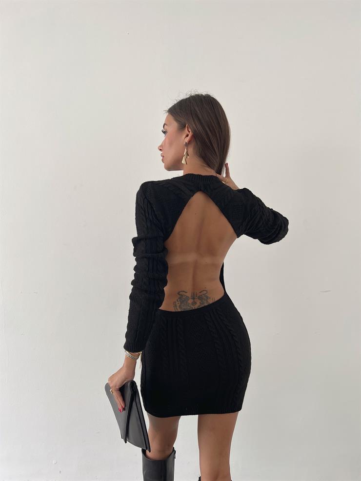 Uzun Kollu Sırt Dekolteli Rodya Kadın Siyah Mini Triko Elbise 23K000466