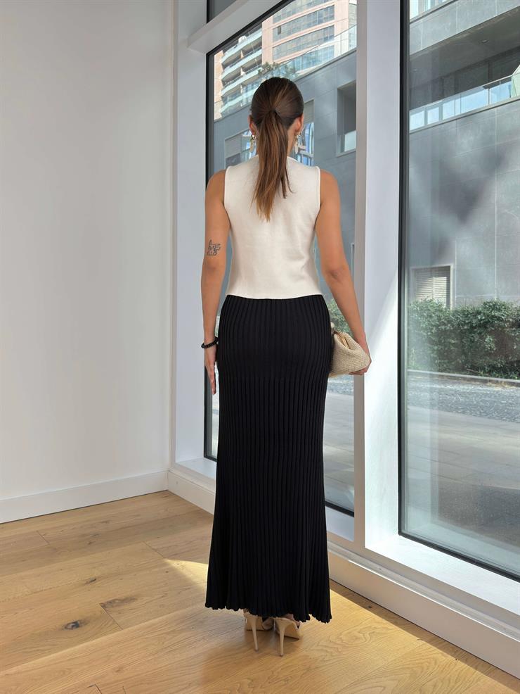 Yüksek Bel Pileli Roger Siyah Kadın Triko Etek 25K100