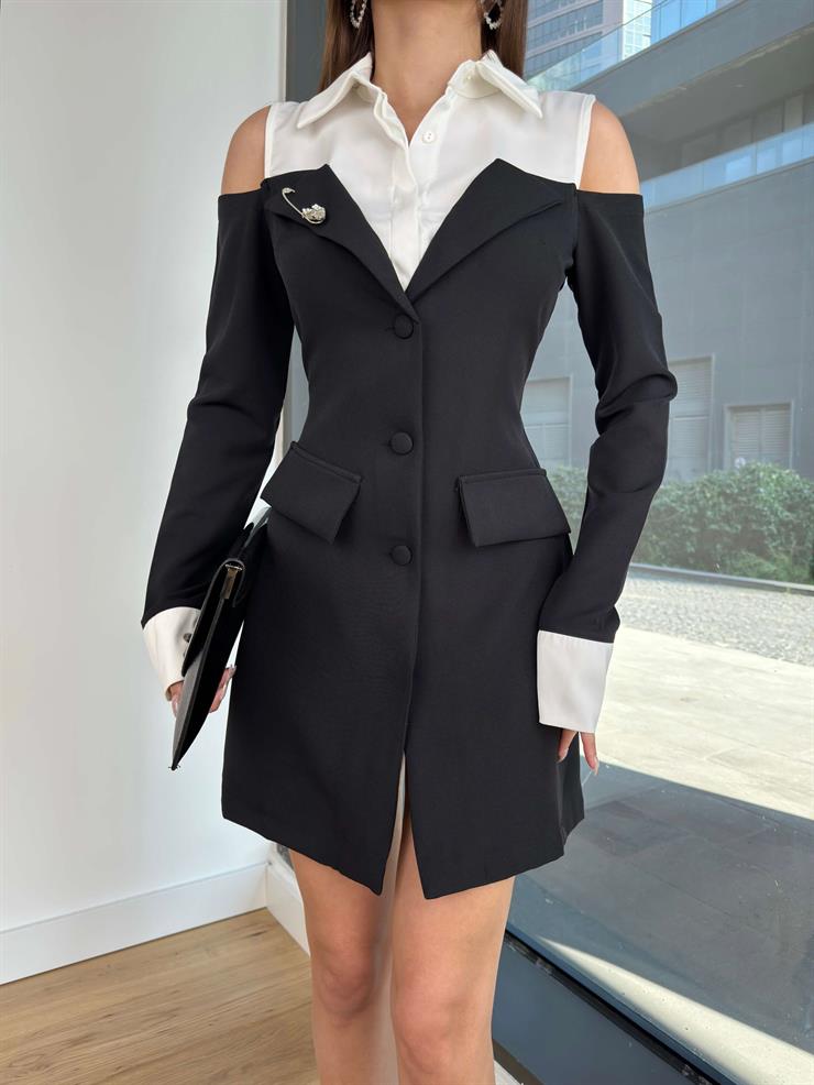 Gömlek Yaka Omuzları Açık Önü Düğmeli Roiser Kadın Siyah Mini Elbise 24Y088