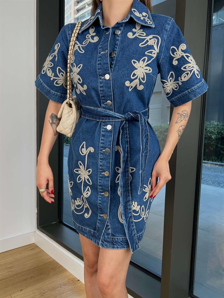 Kısa Kol Belden Kuşaklı Önü Düğmeli Rolf Mavi Kadın Kot Mini Elbise 25Y449