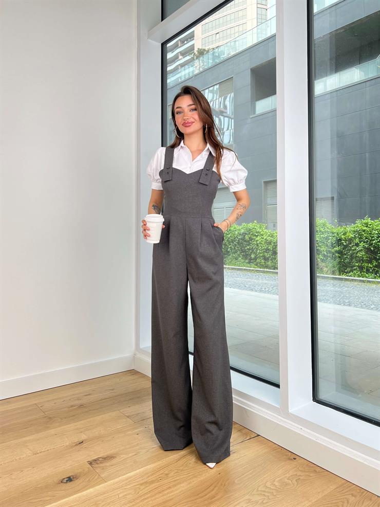 Kalın Askılı Kalp Yaka Pens Detaylı Paçası Bol Rolin Kadın Füme Tulum 24Y470