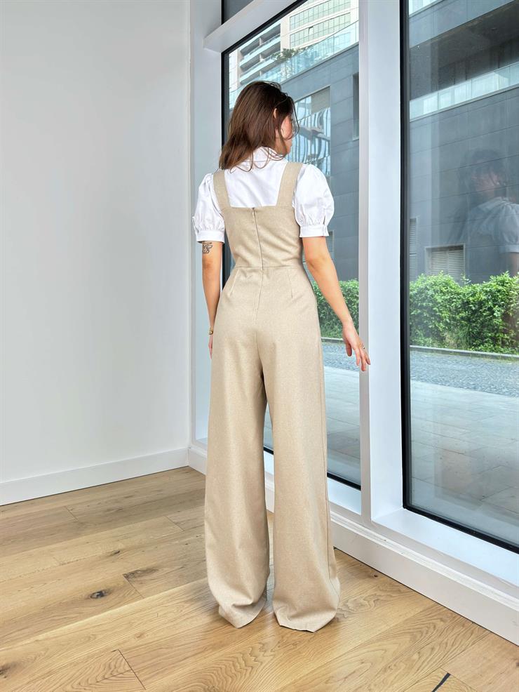 Kalın Askılı Kalp Yaka Pens Detaylı Paçası Bol Rolin Kadın Taş Tulum 24Y470