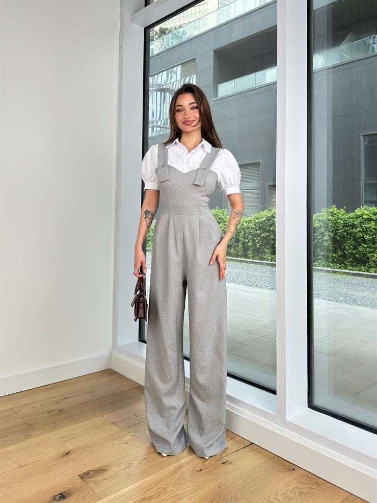 Kalın Askılı Kalp Yaka Pens Detaylı Paçası Bol Rolin Kadın Gri Tulum 24Y470