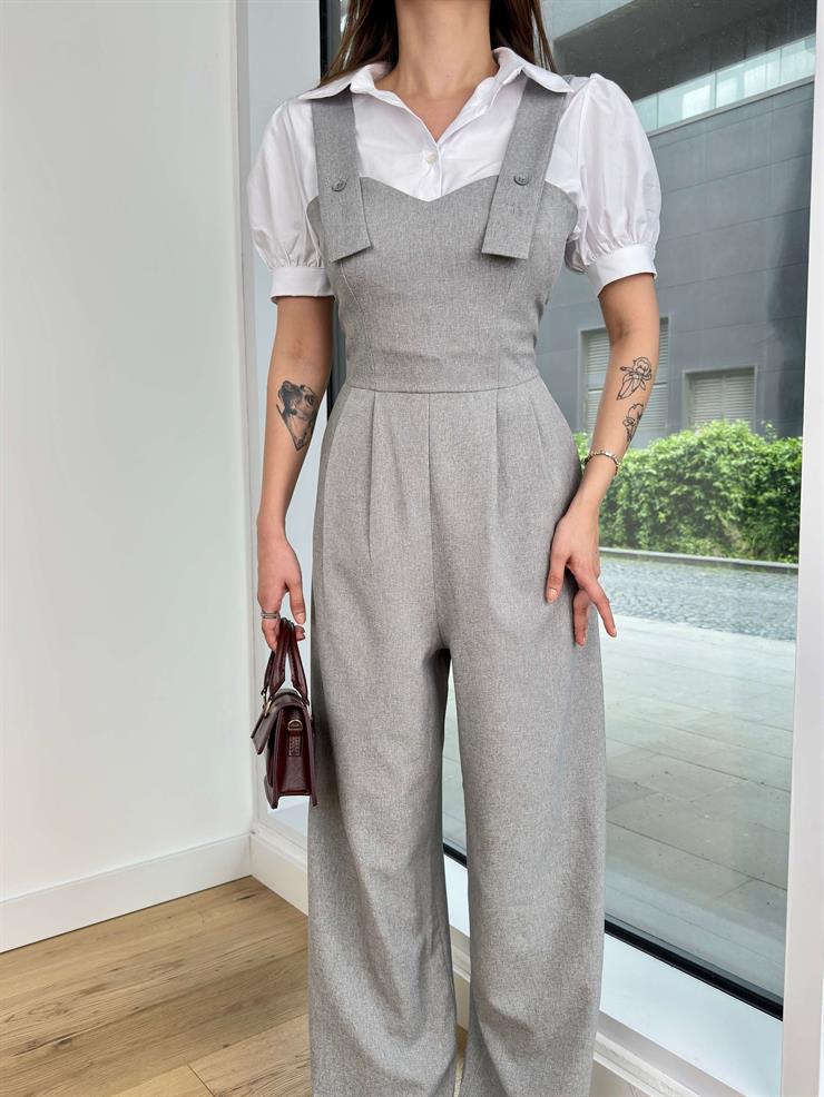 Kalın Askılı Kalp Yaka Pens Detaylı Paçası Bol Rolin Kadın Gri Tulum 24Y470