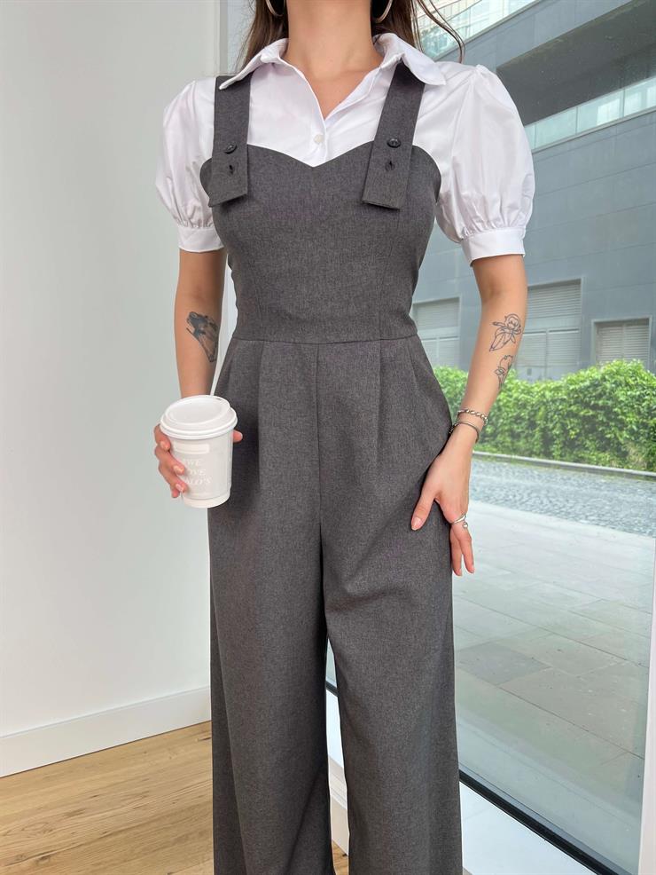 Kalın Askılı Kalp Yaka Pens Detaylı Paçası Bol Rolin Kadın Füme Tulum 24Y470