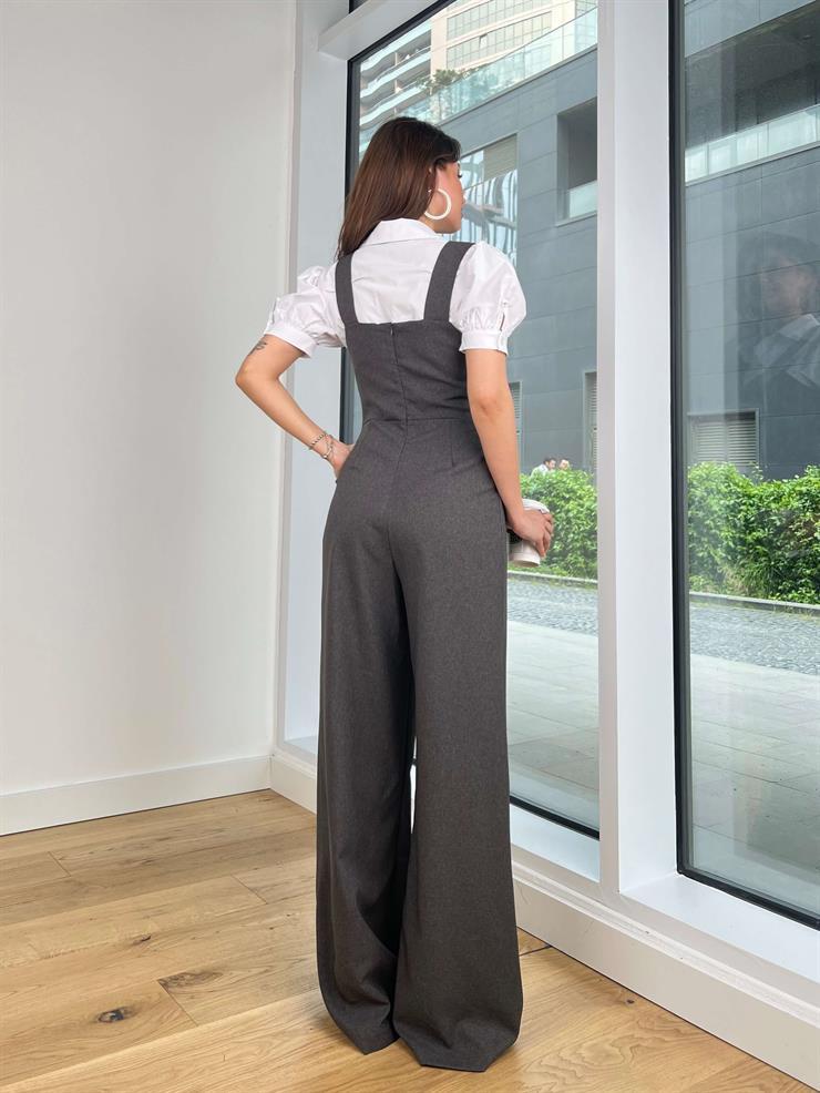 Kalın Askılı Kalp Yaka Pens Detaylı Paçası Bol Rolin Kadın Füme Tulum 24Y470