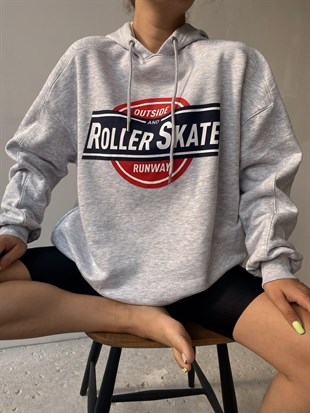 Kapüşonlu Roller Skate Baskılı Kadın Gri Sweat 22K000007