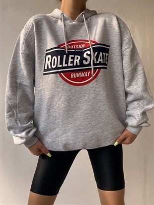 Kapüşonlu Roller Skate Baskılı Kadın Gri Sweat 22K000007