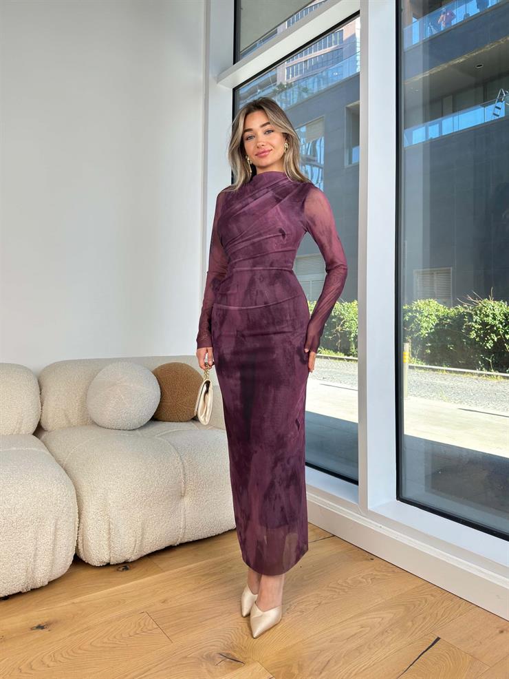 Yarım Balıkçı Yaka Drapeli Romano Mor Desenli Kadın Tül Elbise 25K434