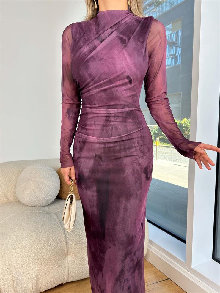 Yarım Balıkçı Yaka Drapeli Romano Mor Desenli Kadın Tül Elbise 25K434