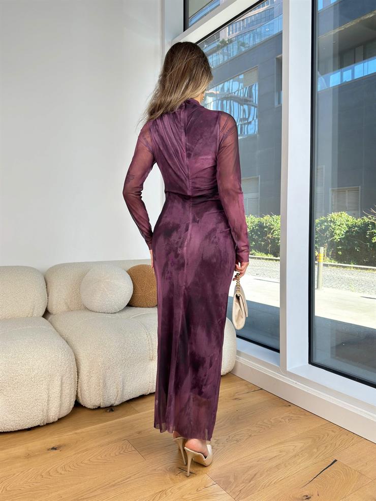 Yarım Balıkçı Yaka Drapeli Romano Mor Desenli Kadın Tül Elbise 25K434