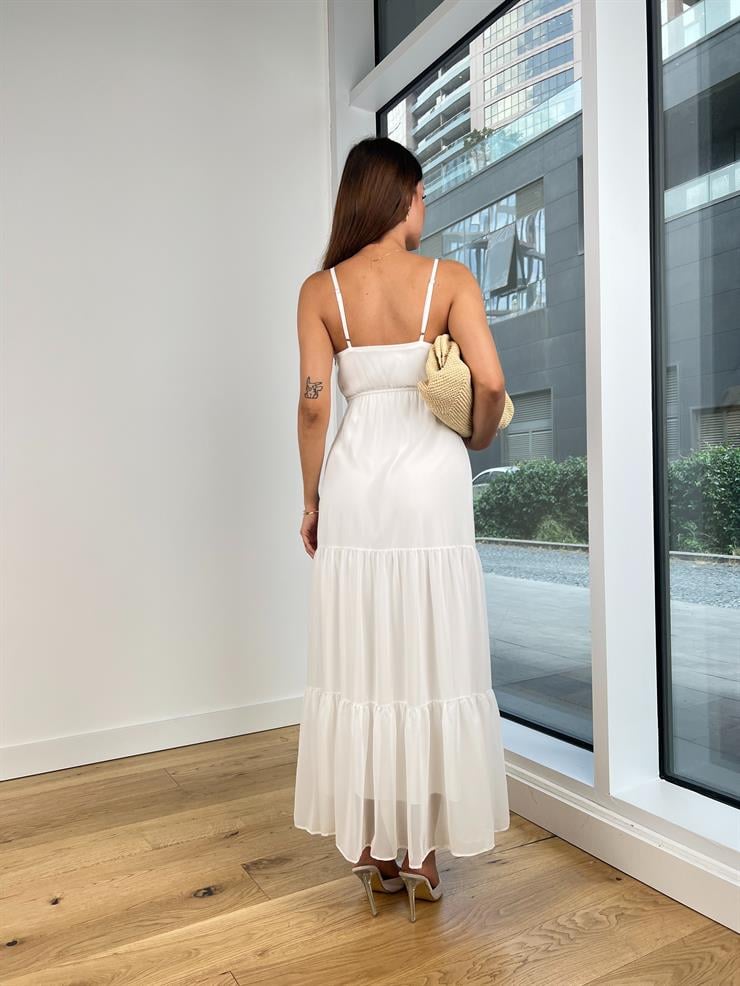 V Yaka İnce Askılı Bağlama Detaylı Romy Kadın Beyaz Elbise 24Y759