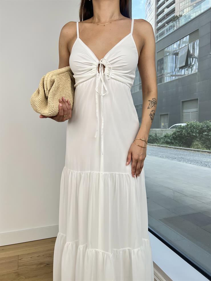 V Yaka İnce Askılı Bağlama Detaylı Romy Kadın Beyaz Elbise 24Y759