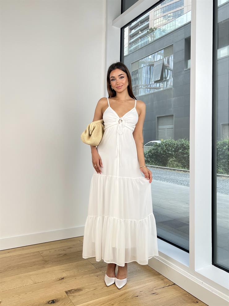 V Yaka İnce Askılı Bağlama Detaylı Romy Kadın Beyaz Elbise 24Y759