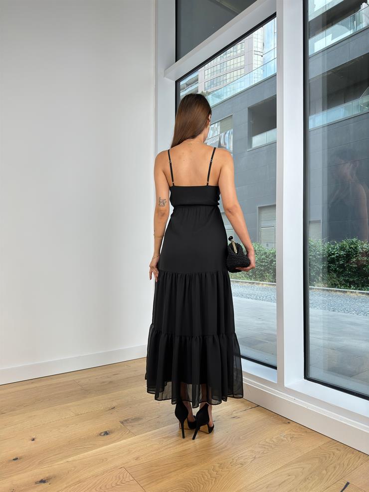 V Yaka İnce Askılı Bağlama Detaylı Romy Kadın Siyah Elbise 24Y759