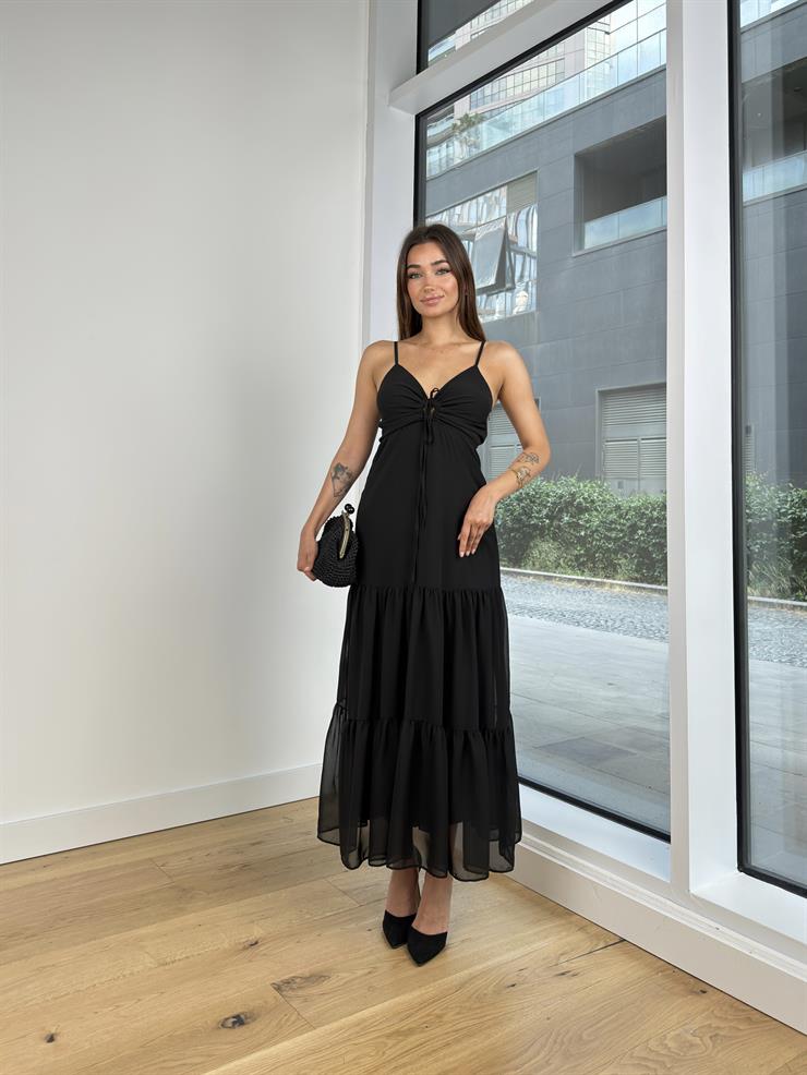 V Yaka İnce Askılı Bağlama Detaylı Romy Kadın Siyah Elbise 24Y759