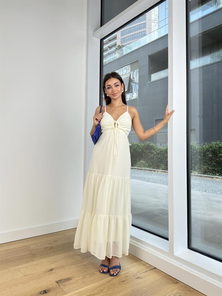 V Yaka İnce Askılı Bağlama Detaylı Romy Kadın Krem Elbise 24Y759