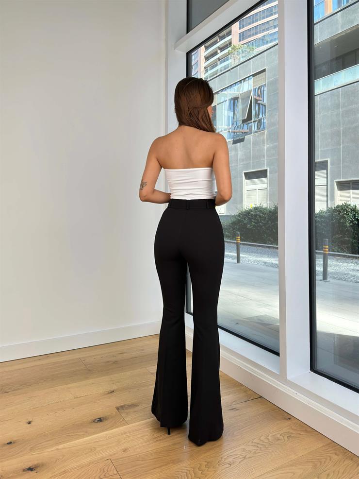 Yüksek Bel Kemerli Rone Kadın Siyah İspanyol Paça Pantolon 24Y849