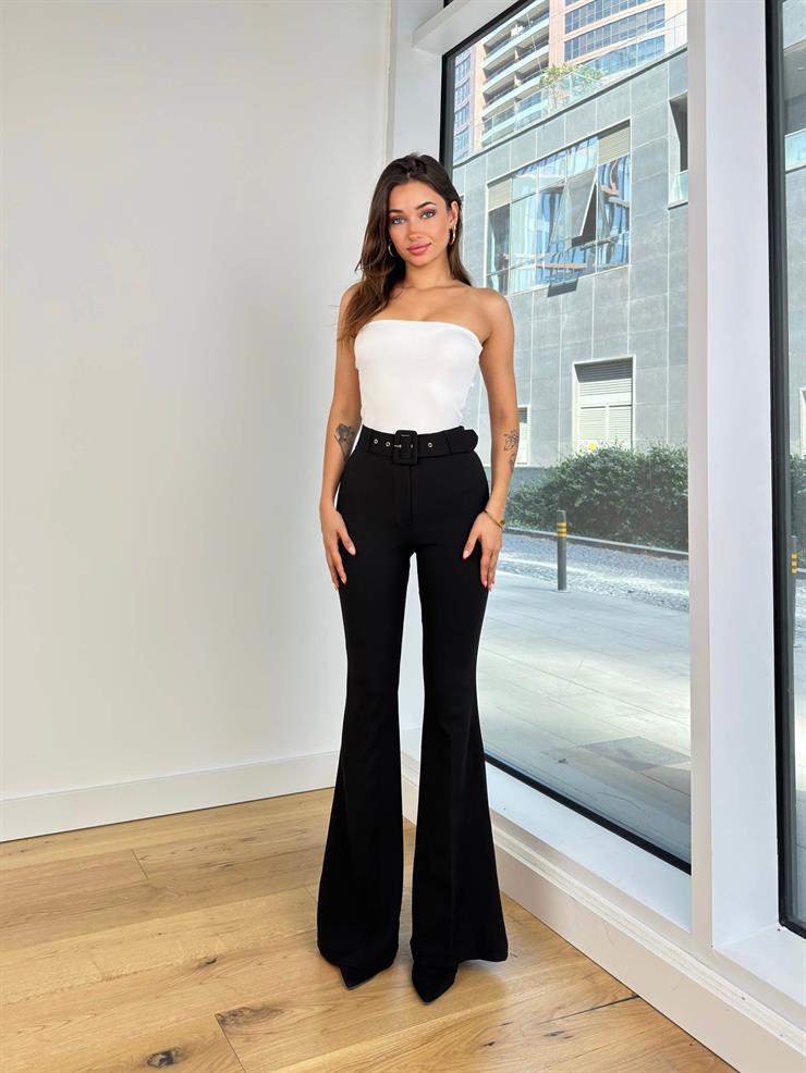 Yüksek Bel Kemerli Rone Kadın Siyah İspanyol Paça Pantolon 24Y849