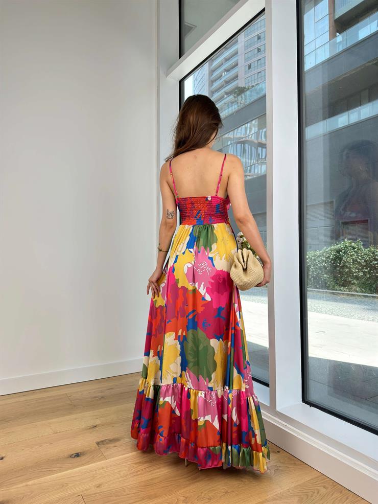 V Yaka Ayarlanabilir Askılı Önü Bağlama Detaylı Ronny Kadın renkli Saten Elbise 24Y633