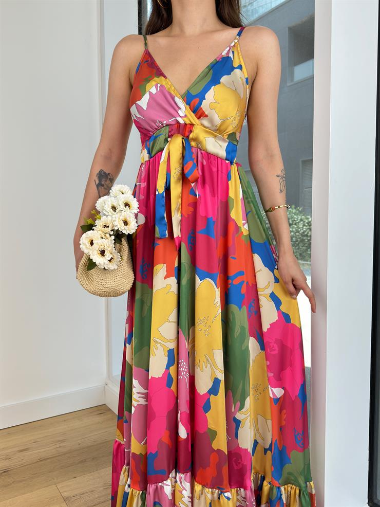 V Yaka Ayarlanabilir Askılı Önü Bağlama Detaylı Ronny Kadın renkli Saten Elbise 24Y633