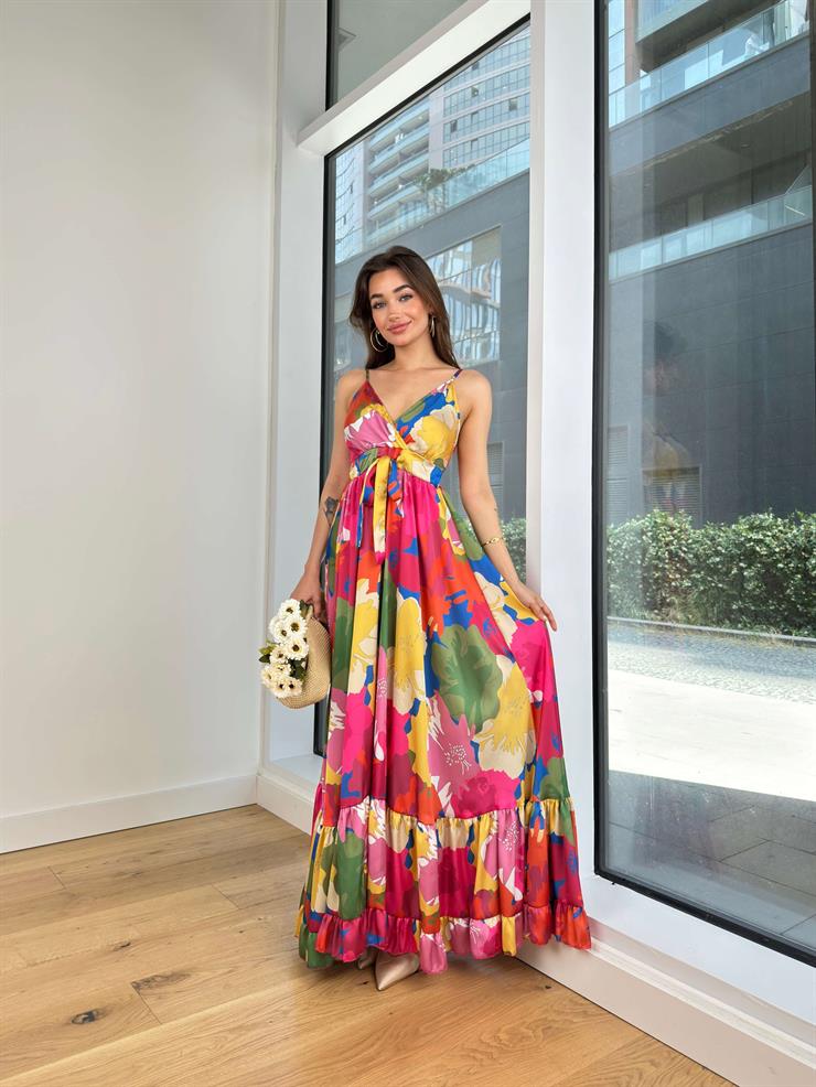 V Yaka Ayarlanabilir Askılı Önü Bağlama Detaylı Ronny Kadın renkli Saten Elbise 24Y633